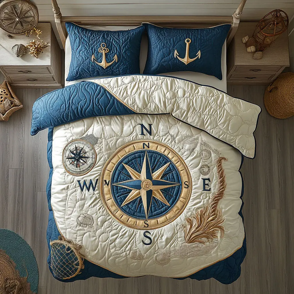 Nautical Compass Quilted Bedding Set Duvet Cover Bedspread  Bedroom Decor For Parents