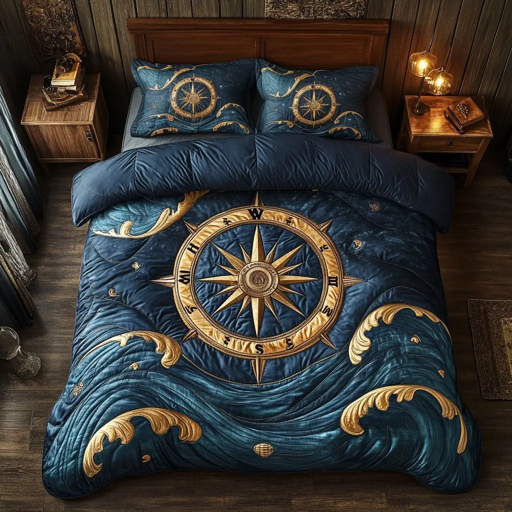 Nautical Compass Quilted Bedding Set Duvet Cover Bedspread  Bedroom Decor Gifts For Ladies