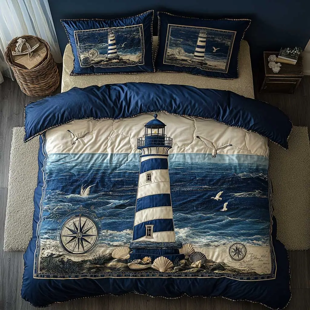 Nautical Lighthouse Quilted Bedding Set Duvet Cover Bedspread Gifts For Dad And Mom Nautical Lighthouse Quilted Bedding Set Duvet Cover Bedspread Gifts For Dad And Mom - Image 1