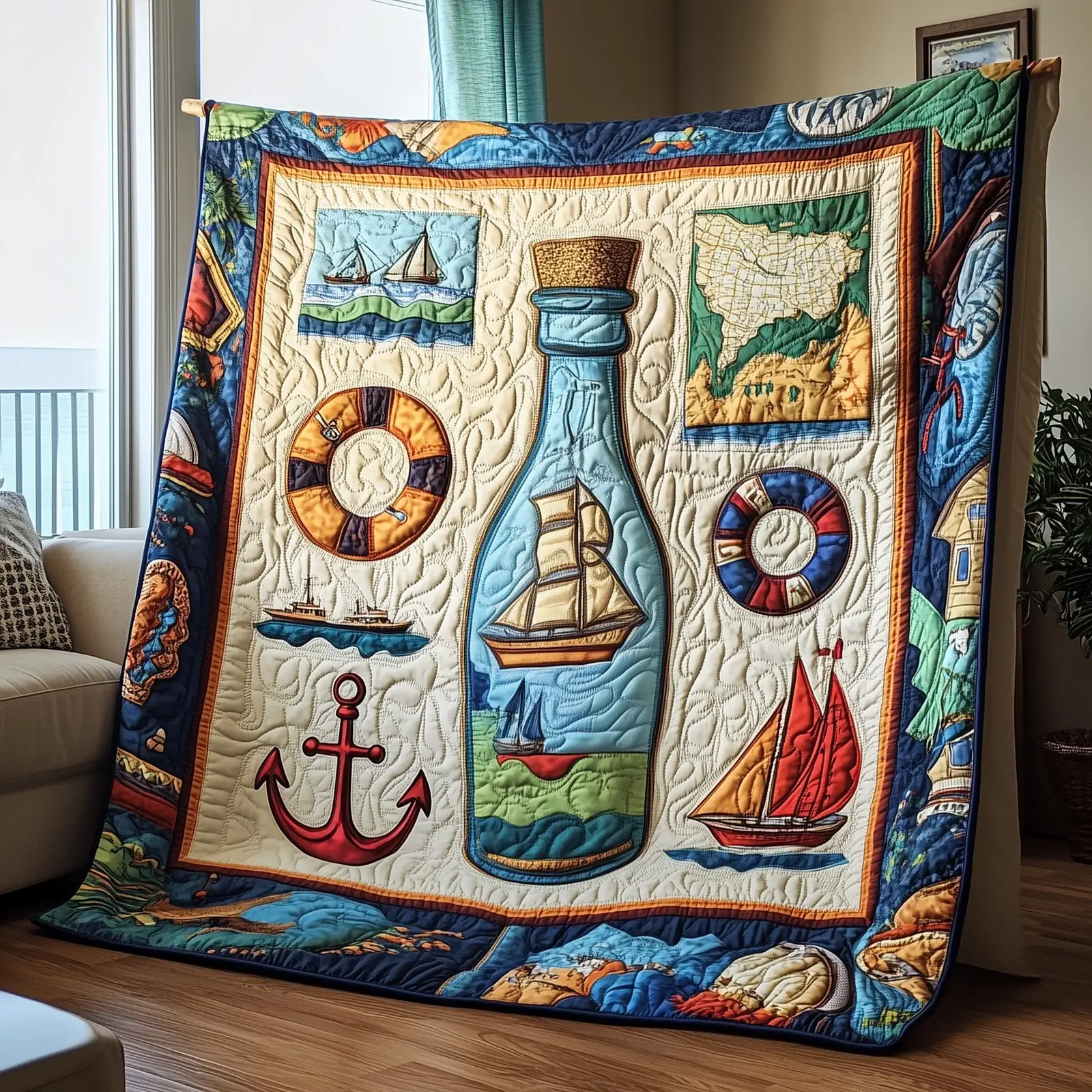 Nautical Quilted Blanket Anchor And Ship Home Accent Themed Gifts For Sea Lovers