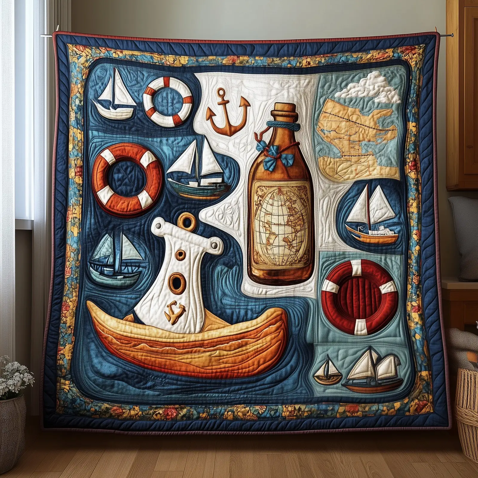 Nautical Quilted Blanket Coastal Home And Sea Quilt Themed Gifts For Sea Lovers