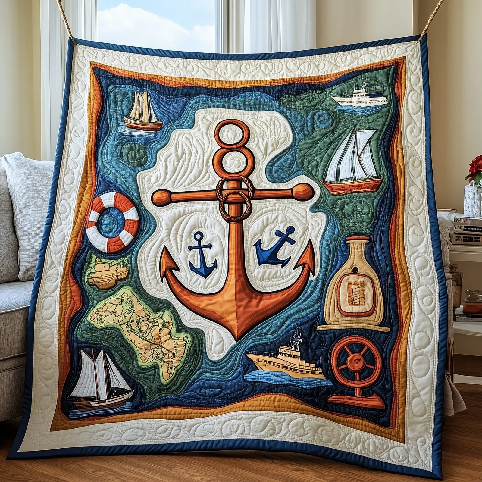 Nautical Quilted Blanket Elegant Seaside Art Quilt Themed Gifts For Sea Lovers