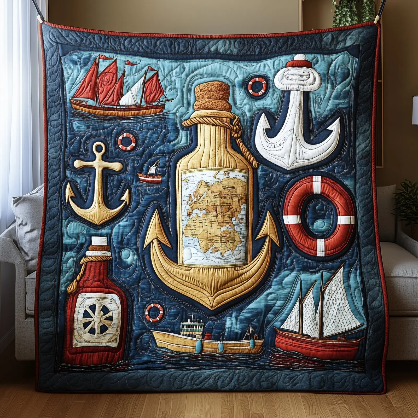 Nautical Quilted Blanket Marine Life Soft Cover Themed Gifts For Sea Lovers Nautical Quilted Blanket Marine Life Soft Cover Themed Gifts For Sea Lovers - Image 1