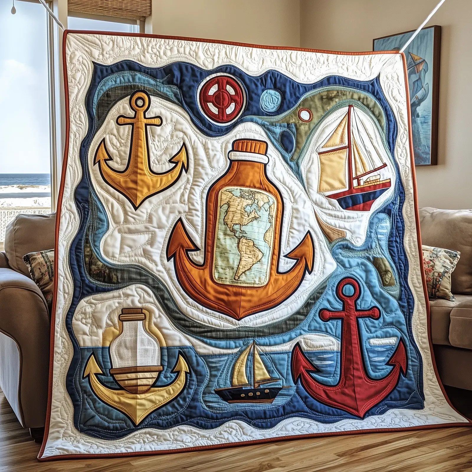 Nautical Quilted Blanket Premium Quality Coastal Quilt Themed Gifts For Sea Lovers Nautical Quilted Blanket Premium Quality Coastal Quilt Themed Gifts For Sea Lovers - Image 1