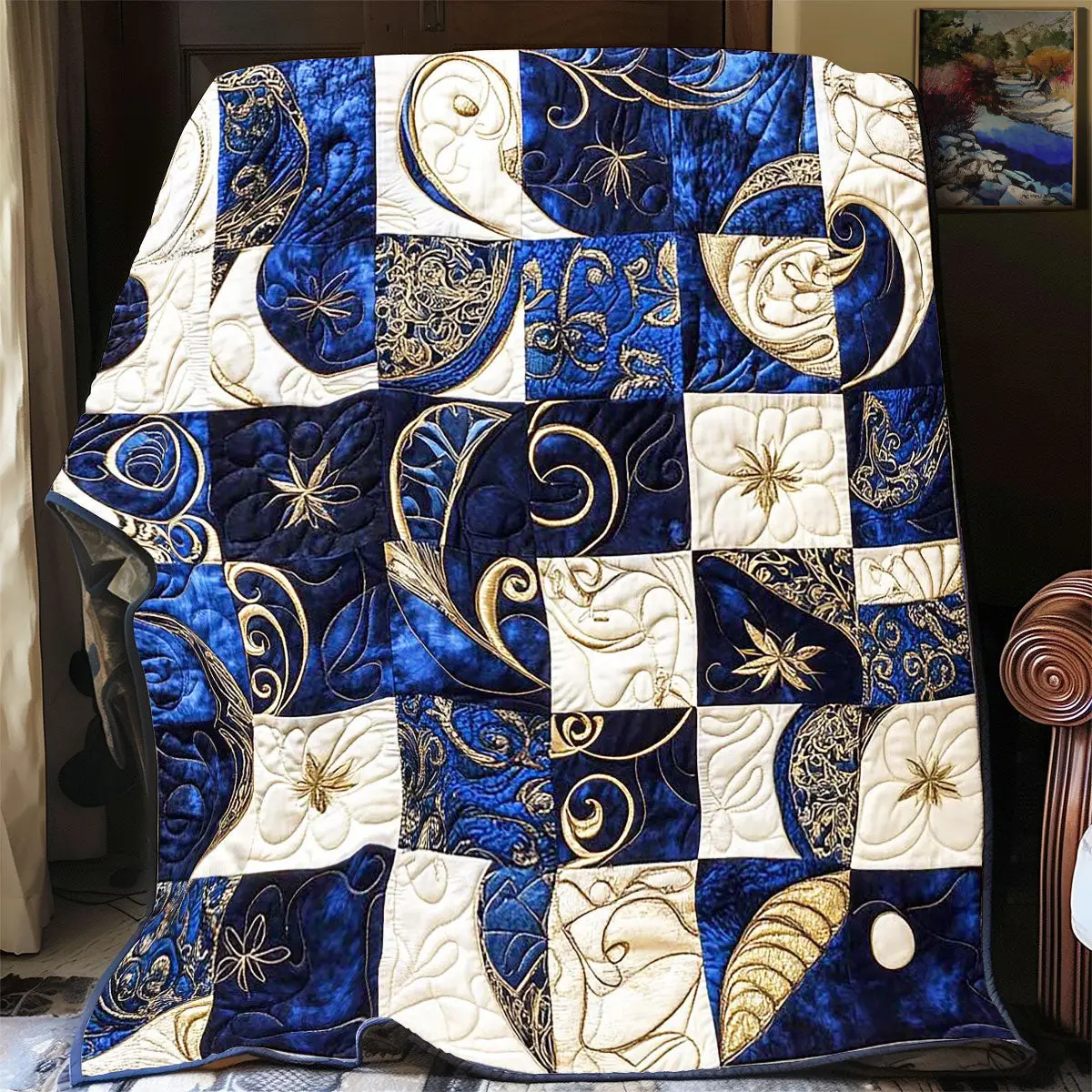 Navy Patchwork Quilt Blanket Winter Throw Blanket Art Merch Gifts For Artist