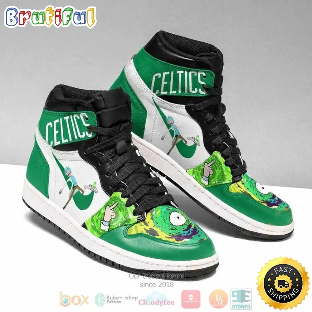 NBA Boston Celtics Rick And Morty Green White Air Jordan 1 High Sneakers NBA Boston Celtics Rick And Morty Green White Air Jordan 1 High Sneakers - Image 1