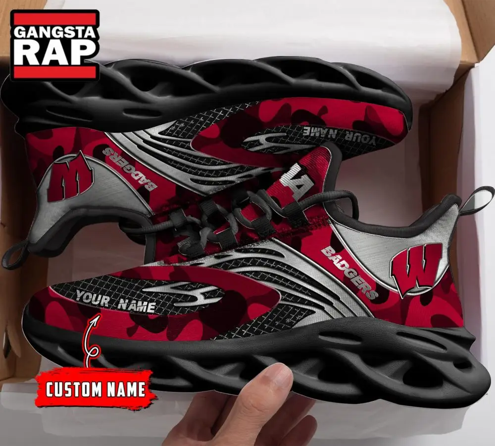 NCAA Wisconsin Badgers Sport Logo Team Custom Name Air Max Shoes Air Cushion Sneakers