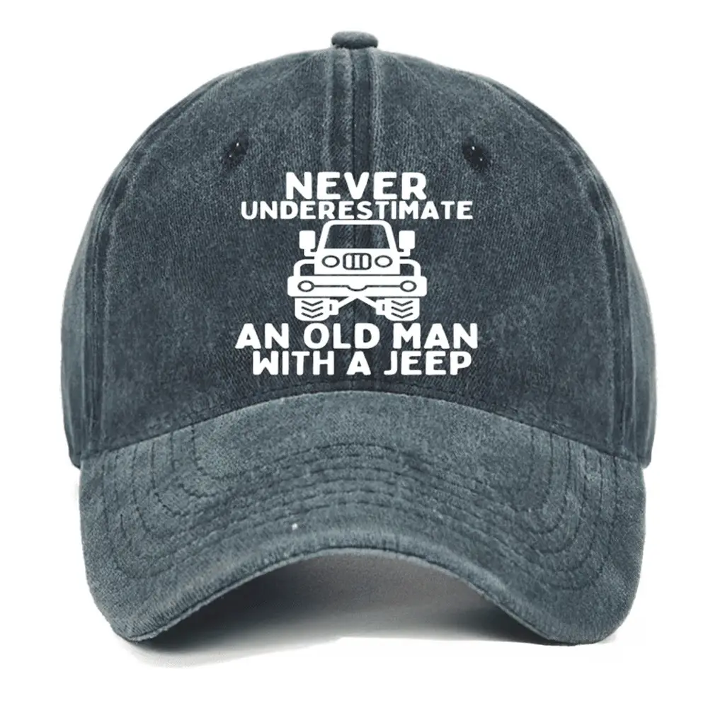Never Underestimate An Old Man With A Jeep Washed Vintage Cap Funny Graphic Tee for Men – Sarca