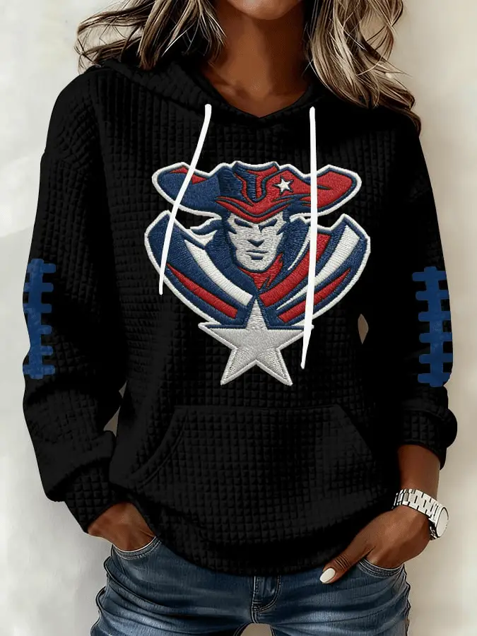 New England Football Merch We Are All Patriots Women's Hoodie Waffle Game Day Outfit