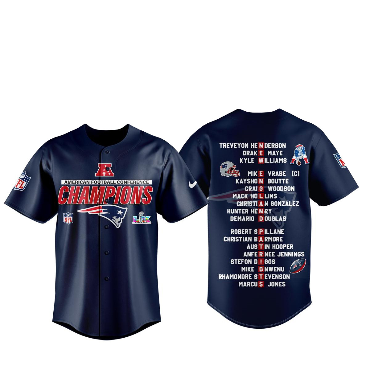 New England Patriots AFC Champions 2026-2026 Locker Room Trophy Baseball Jersey