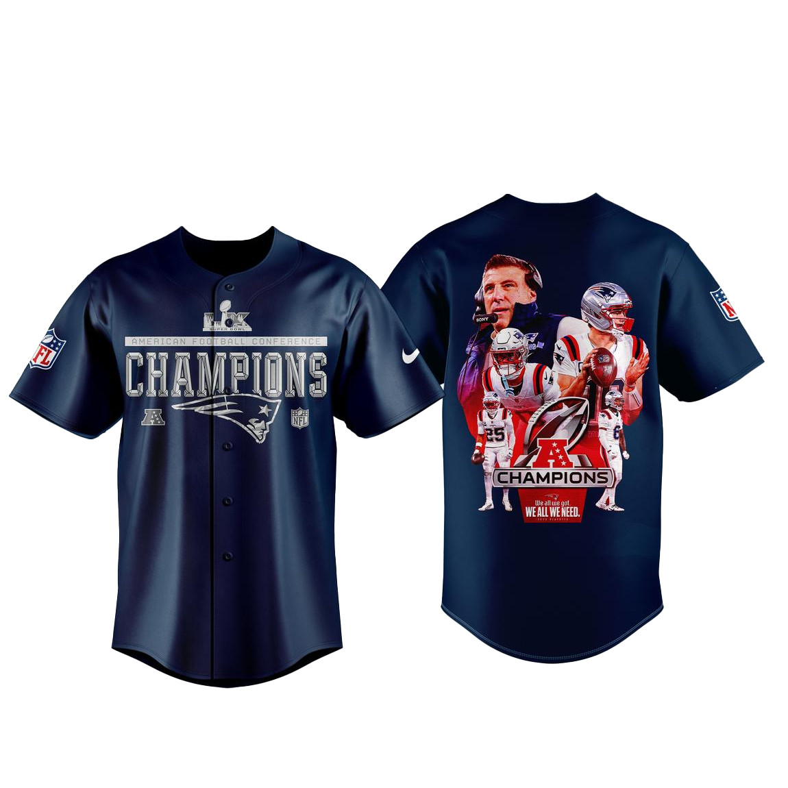New England Patriots AFC Champions 2026 We All We Need Baseball Jersey