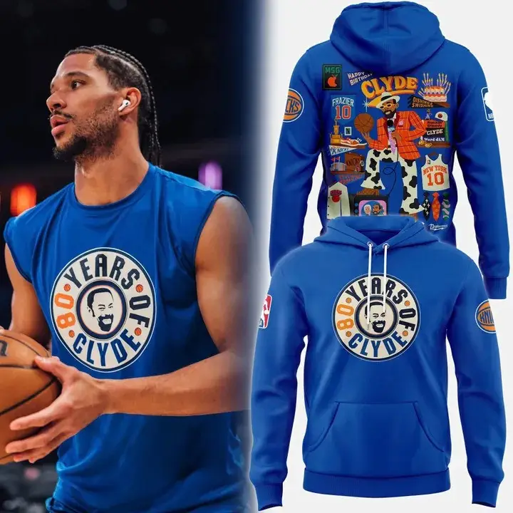New York Knicks X Clyde's 80Th Birthday Hoodie Blue Basketball NY Knicks Fan Merch Gifts