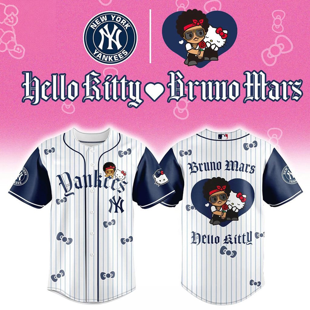 New York Yankees Hello Kitty x Bruno Mars Pop Up 2026 Tour Baseball Jersey NY Yankees Merch