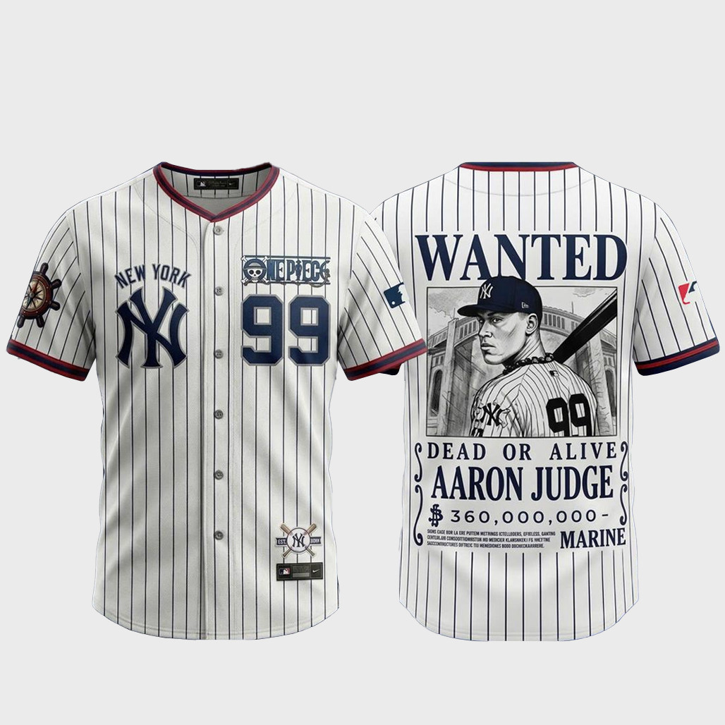 New York Yankees x One Piece 2026 Wanted Aaron Judge Bounty Hunter Baseball Jersey