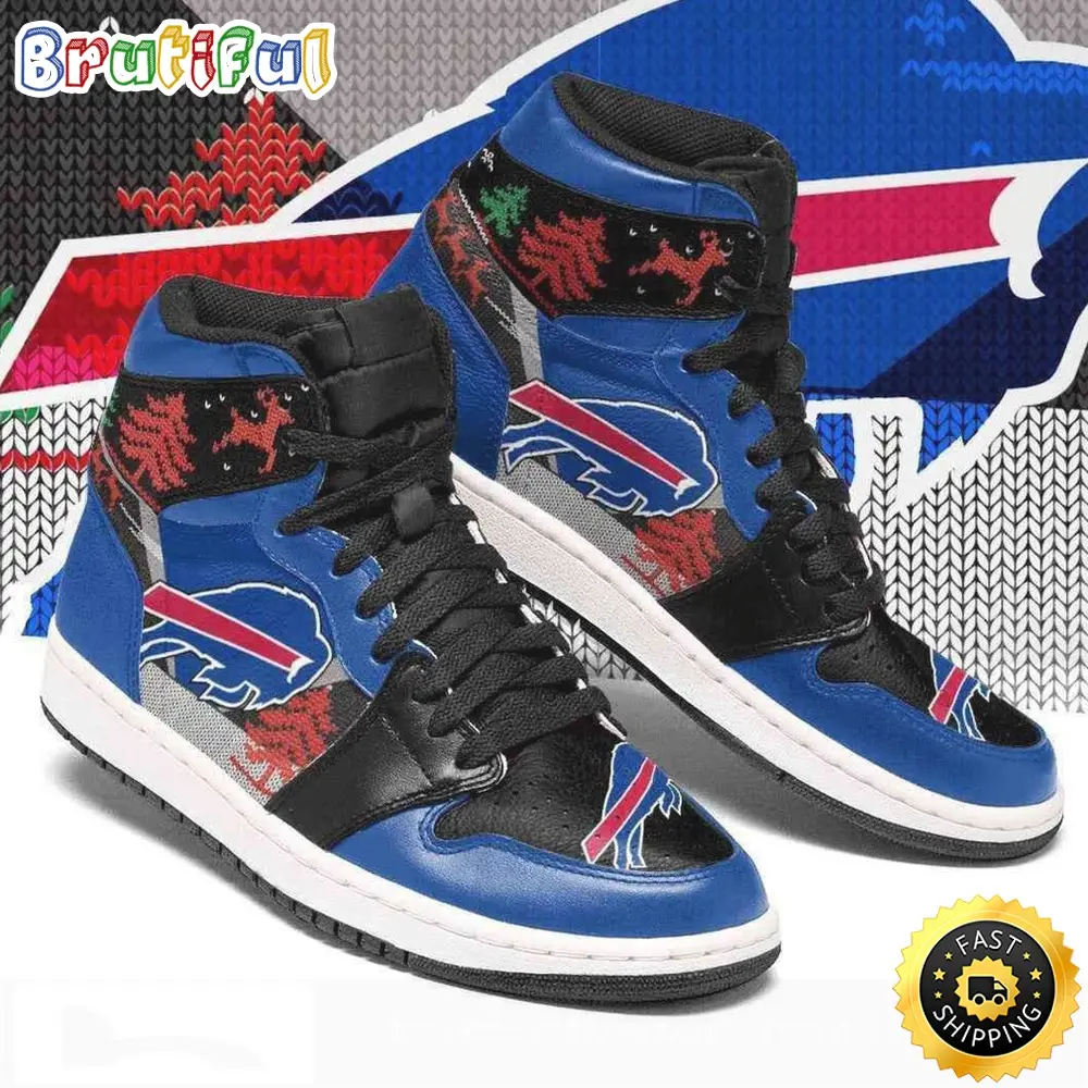 NFL Buffalo Bills Ugly Christmas Air Jordan 1 High Sneakers NFL Buffalo Bills Ugly Christmas Air Jordan 1 High Sneakers - Image 1
