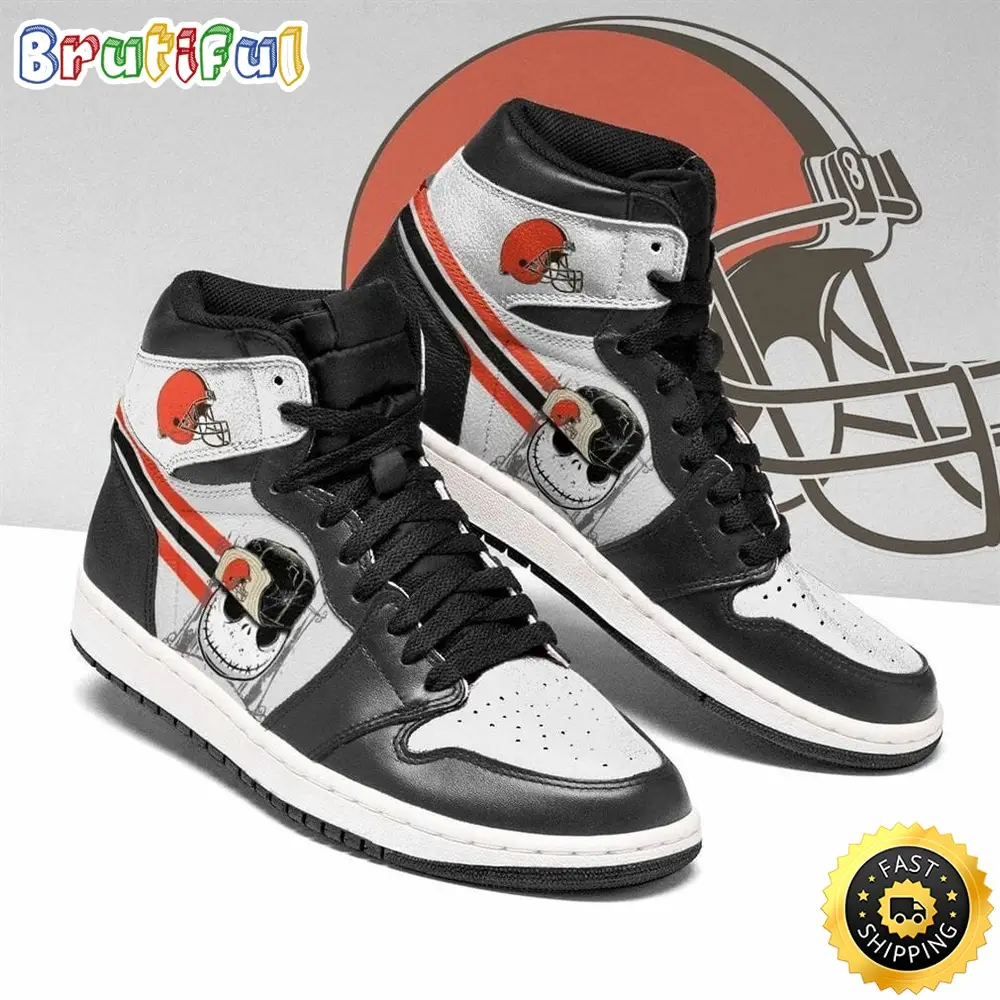 NFL Cleveland Browns Jack Skellington Air Jordan 1 High Sneakers NFL Cleveland Browns Jack Skellington Air Jordan 1 High Sneakers - Image 1