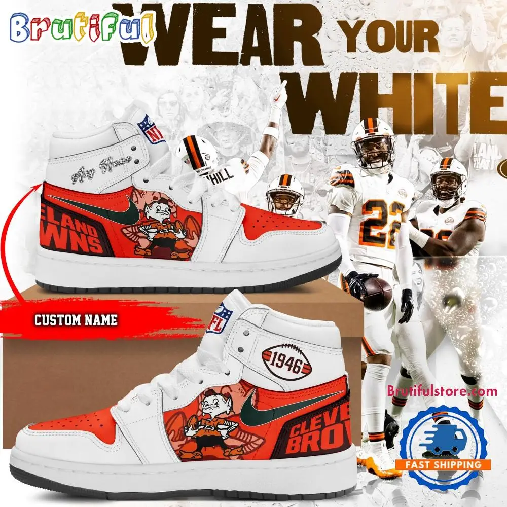 NFL Cleveland Browns Wear Your White Air Jordan 1 Hightop Shoes NFL Cleveland Browns Wear Your White Air Jordan 1 Hightop Shoes - Image 1