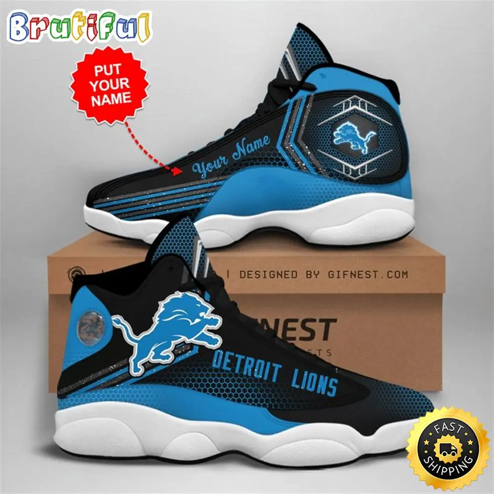 NFL Detroit Lions Custom Name Black Blue Air Jordan 13 Shoes