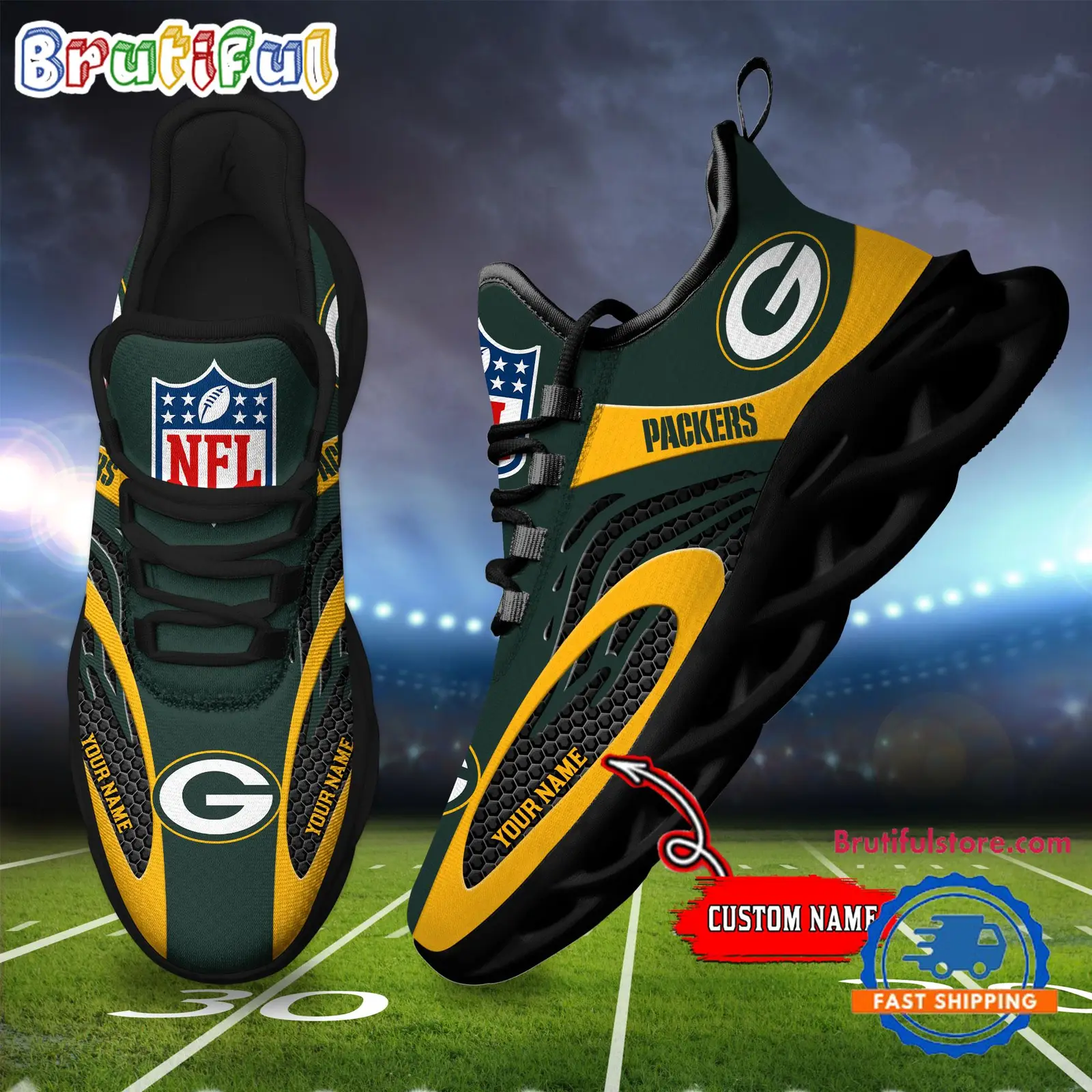 NFL Green Bay Packers Football Logo Team New Design Max Soul Shoes Sneaker NFL Green Bay Packers Football Logo Team New Design Max Soul Shoes Sneaker - Image 1