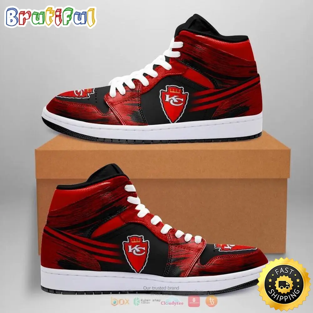 NFL Kansas City Chiefs Red Black Air Jordan 1 High Sneakers For Fans NFL Kansas City Chiefs Red Black Air Jordan 1 High Sneakers For Fans - Image 1