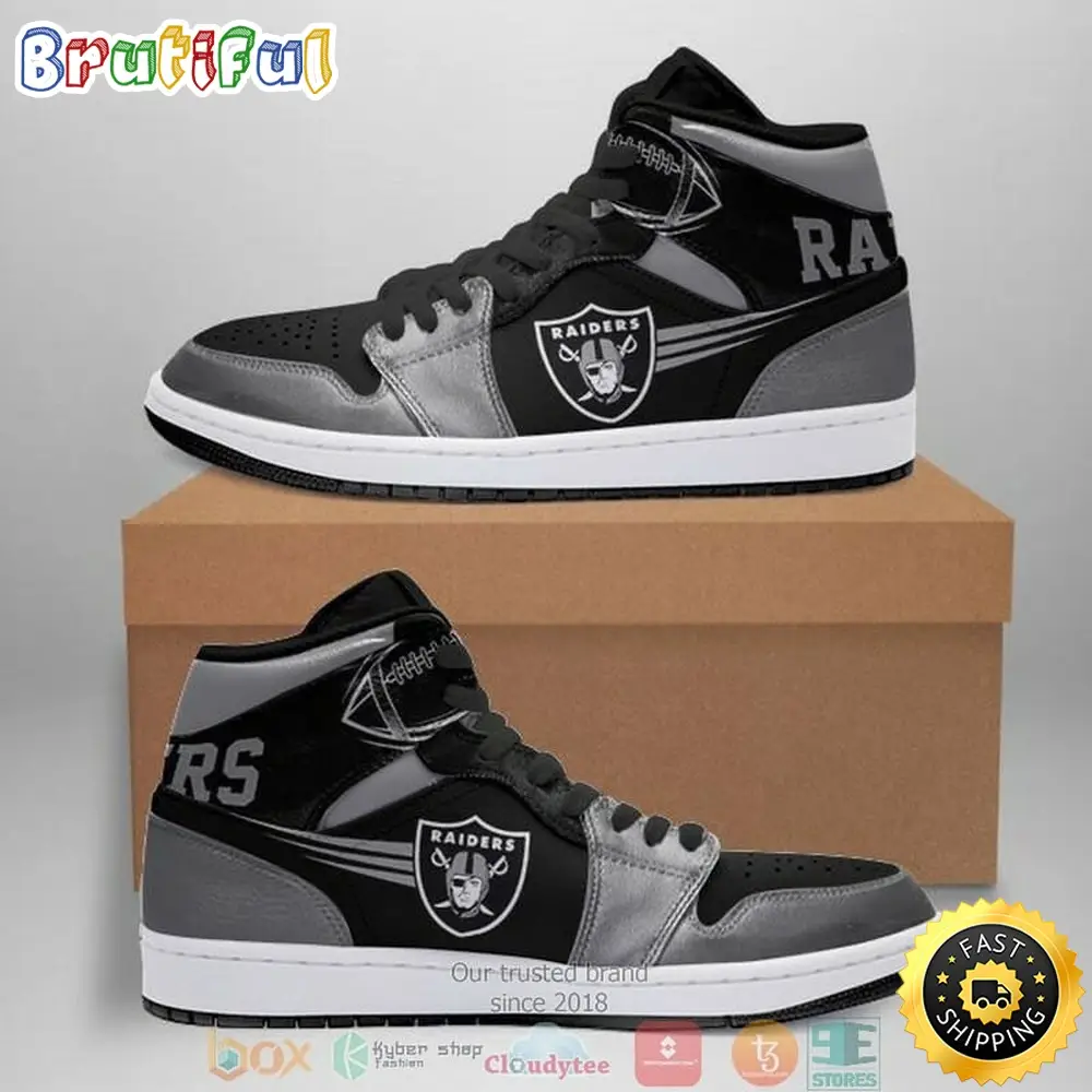 NFL Las Vegas Raiders Silver Black Air Jordan 1 High Sneakers NFL Las Vegas Raiders Silver Black Air Jordan 1 High Sneakers - Image 1