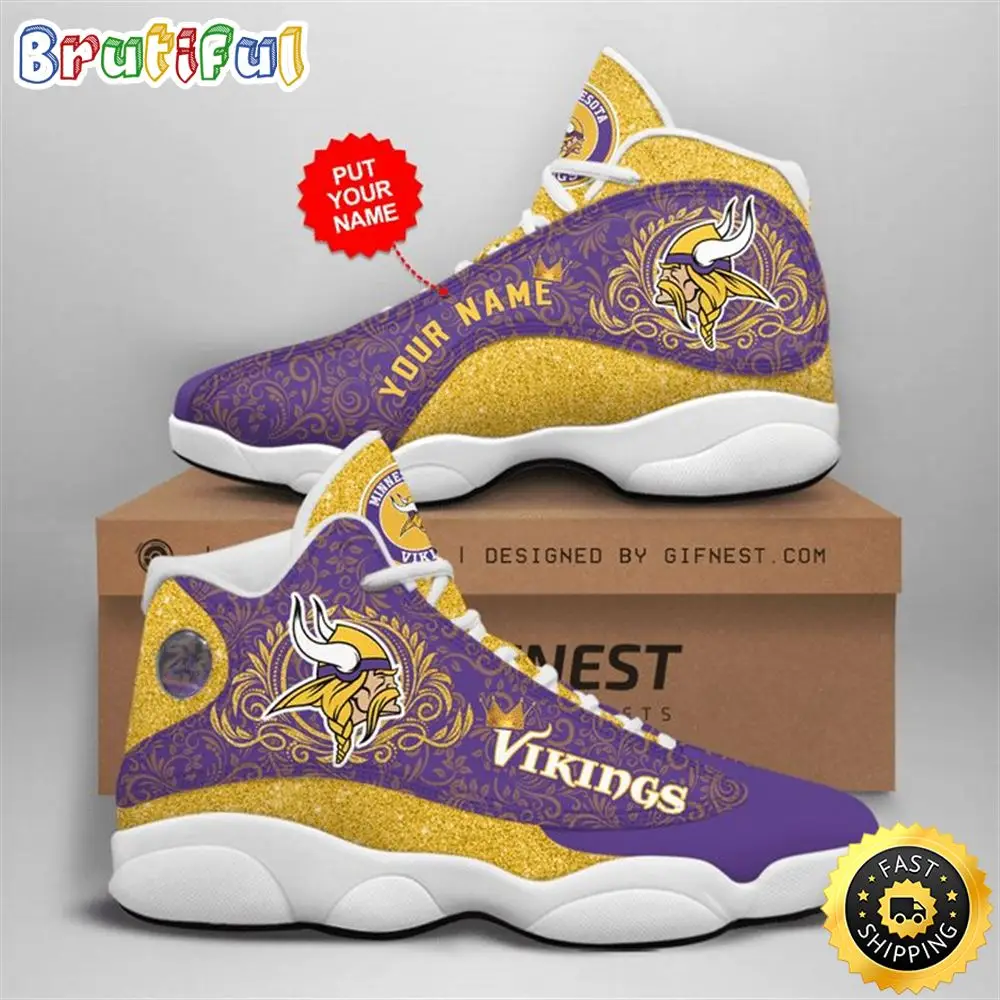 NFL Minnesota Vikings Custom Name Purle Yellow Air Jordan 13 Shoes NFL Minnesota Vikings Custom Name Purle Yellow Air Jordan 13 Shoes - Image 1