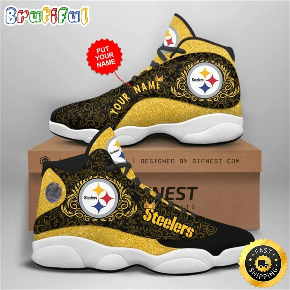 NFL Pittsburgh Steelers Custom Name Golden Black Air Jordan 13 Shoes NFL Pittsburgh Steelers Custom Name Golden Black Air Jordan 13 Shoes - Image 1