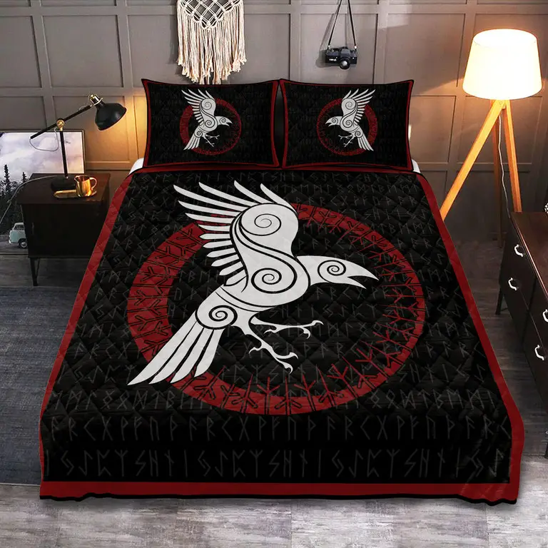 Norse Raven Rune Viking Quilted Bedding Set Holiday Bedroom Decor Gift For Friends