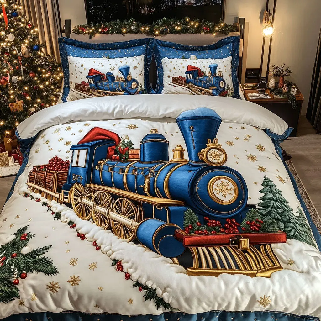 North Pole Locomotive Quilted Bedding Set Full Size Comforter Holiday Inspired Gift For Dad