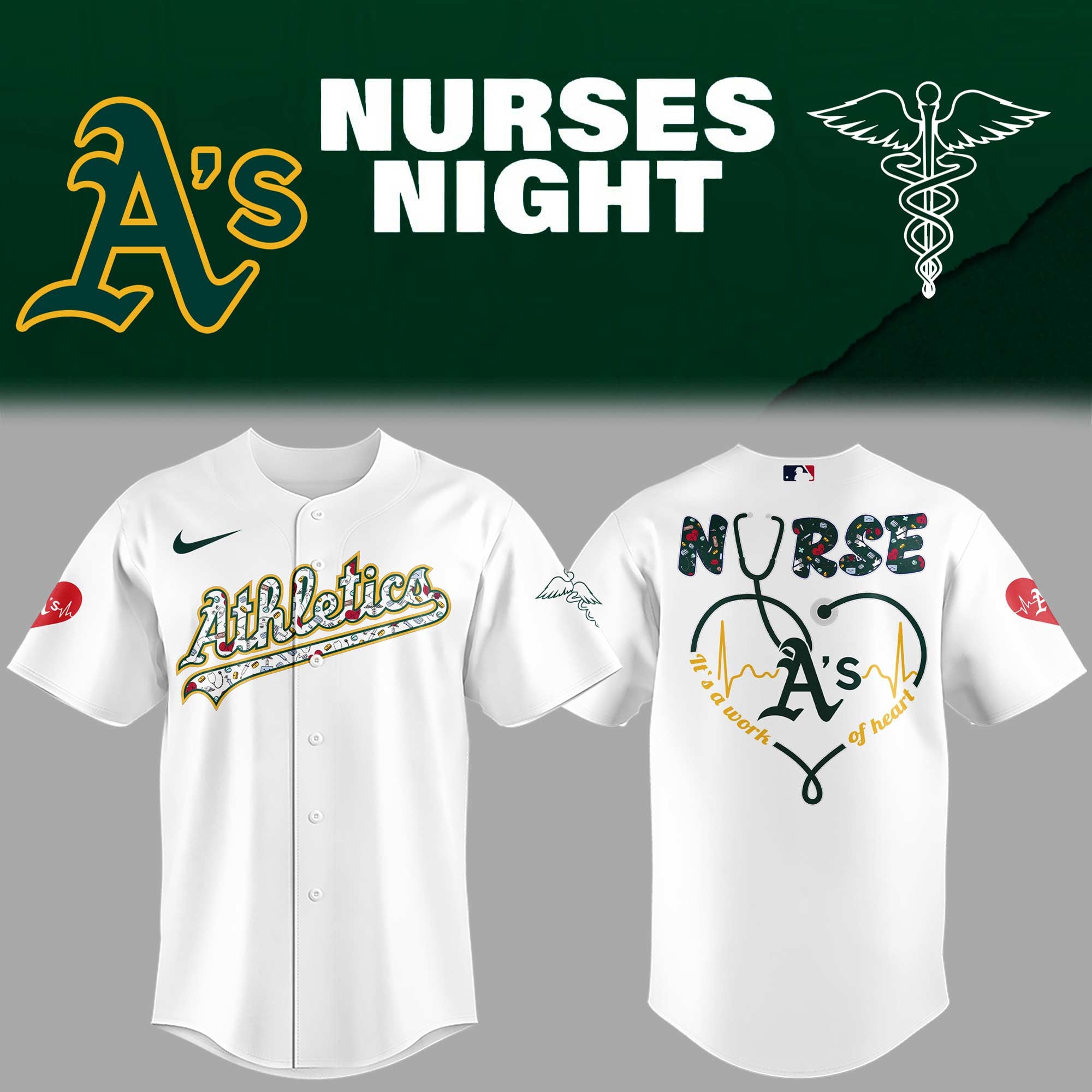Oakland Athletics Nurses Night Jersey It's A Work Of Heart Jersey Oakland Athletics Merch White