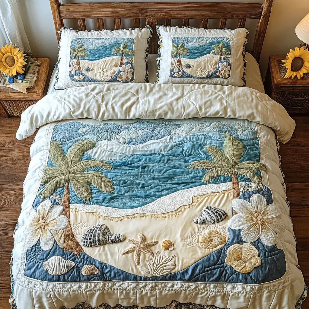 Ocean Garden Quilted Bedding Set Queen Size Comforter Beach Inspired Gift For Dad Ocean Garden Quilted Bedding Set Queen Size Comforter Beach Inspired Gift For Dad - Image 1