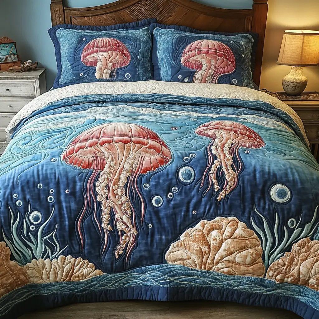 Ocean Glow Quilted Bedding Set Bedroom Decorations Jellyfish Gifts