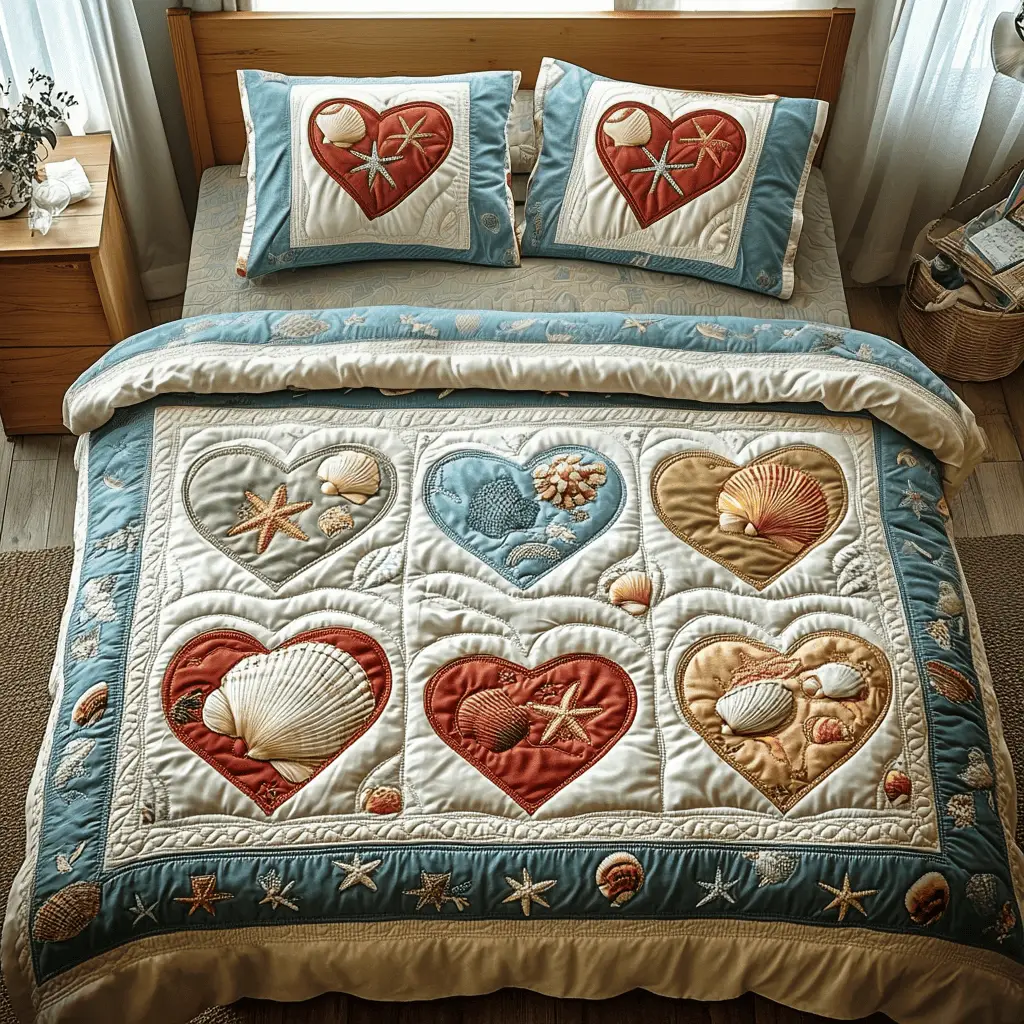 Ocean Hearts Quilted Bedding Set Nice Valentine Day Gift For Sister In Law