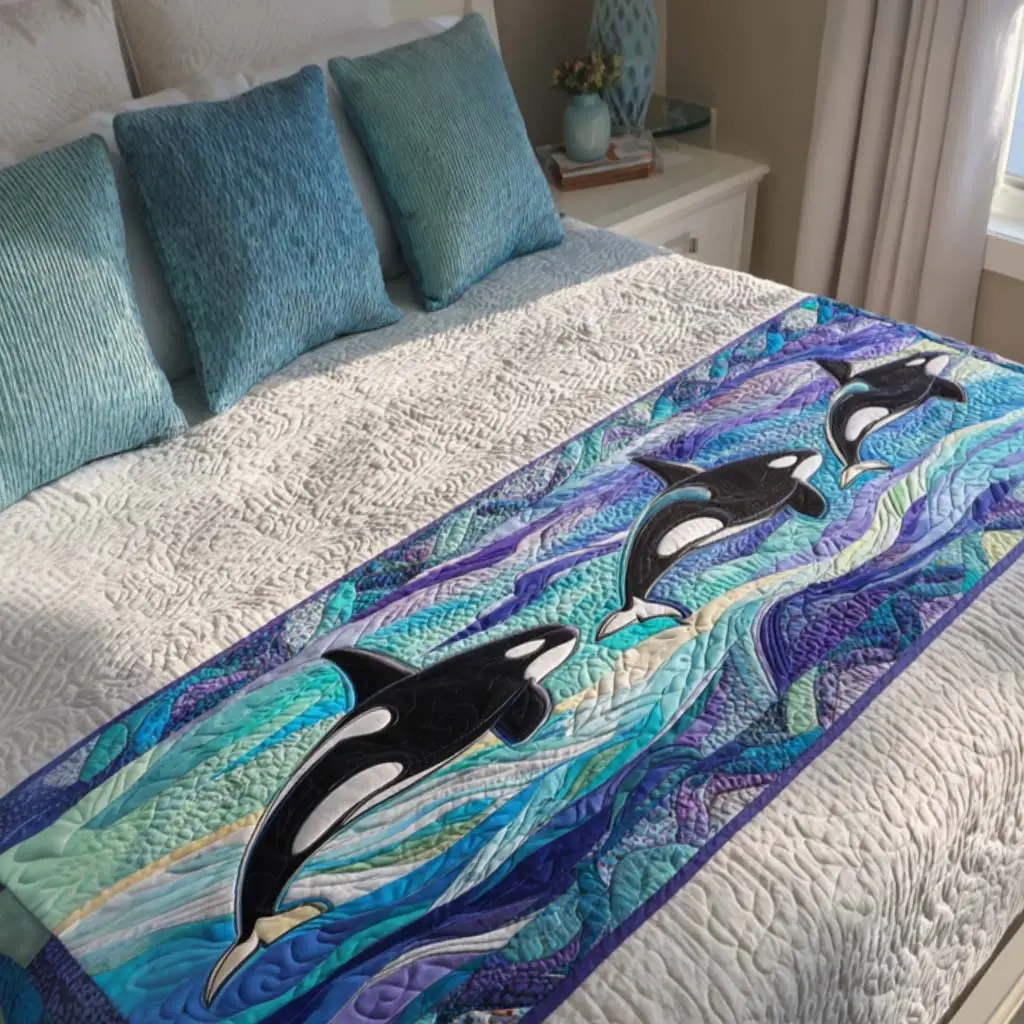 Ocean Orcas Quilted Bed Runner Orca Ocean Scene Marine-Themed Gift
