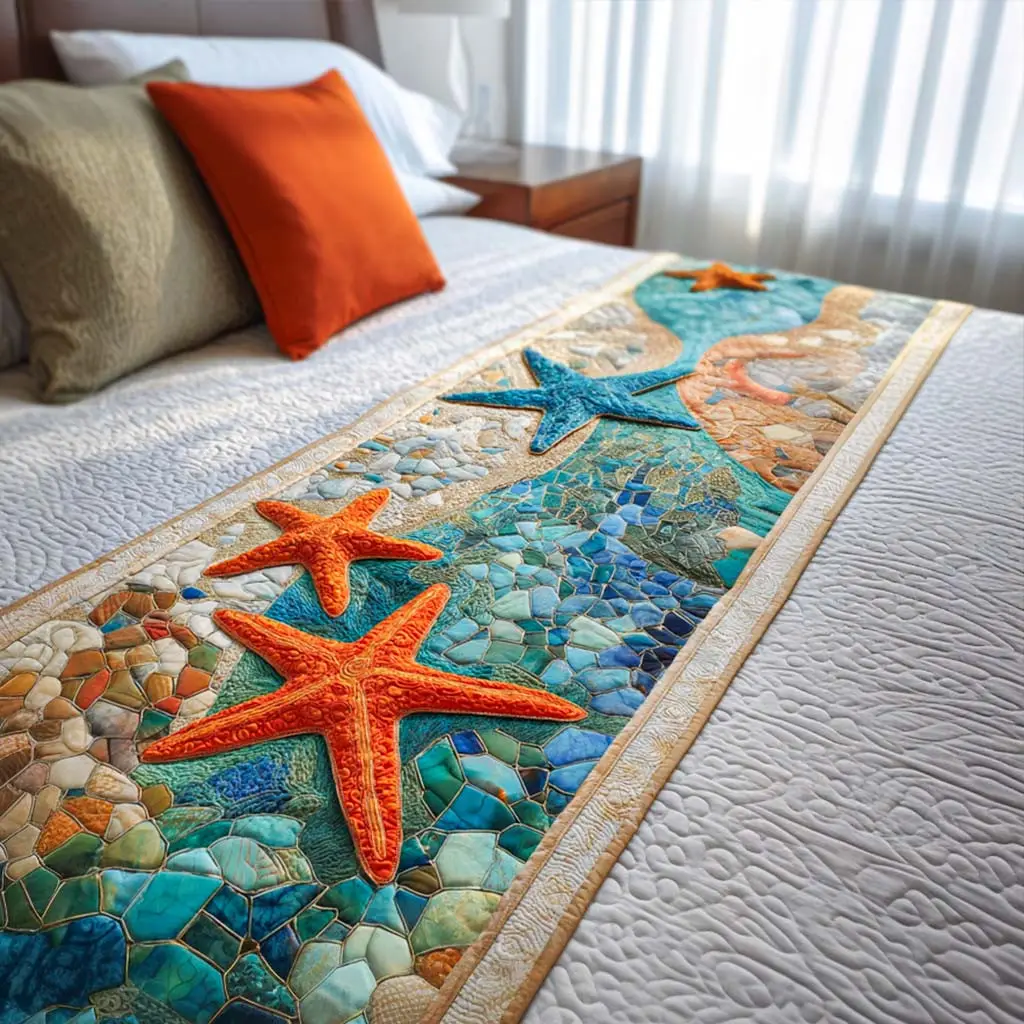 Ocean Stars Quilted Bed Runner Ocean Night Look Gift for Sister