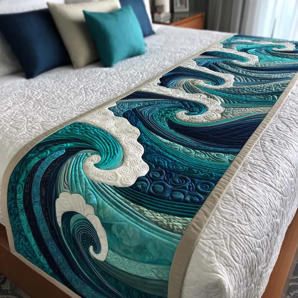 Ocean Waves Quilted Bed Runner Ocean Inspired Look Gift for Daughter