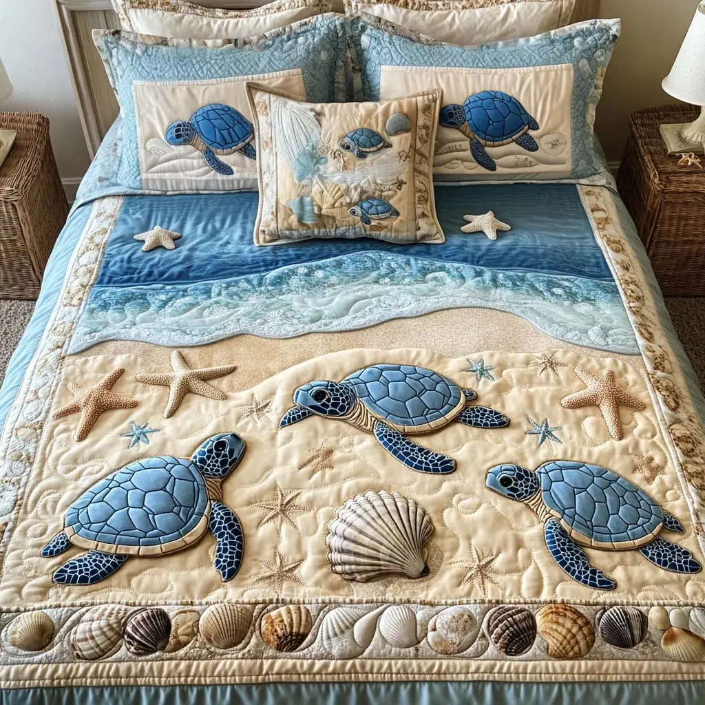 Ocean Waves Quilted Bedding Set Twin Comforter Sets Coastal Gift For Grandma
