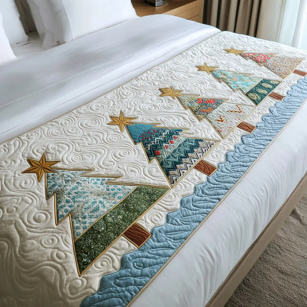 Oceanic Christmas Tree Quilted Bed Runner Ocean Christmas Tree Unique Holiday Gift