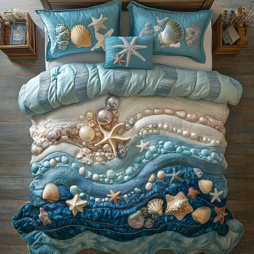 Oceanswept Pearl Quilted Bedding Set Duvet Cover Bedspread Gifts For Her Oceanswept Pearl Quilted Bedding Set Duvet Cover Bedspread Gifts For Her - Image 1