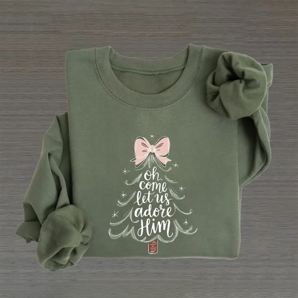 Oh Come Let's Us Adore Him Christmas Tree Sweatshirt Christian Clothing Gift For Wife