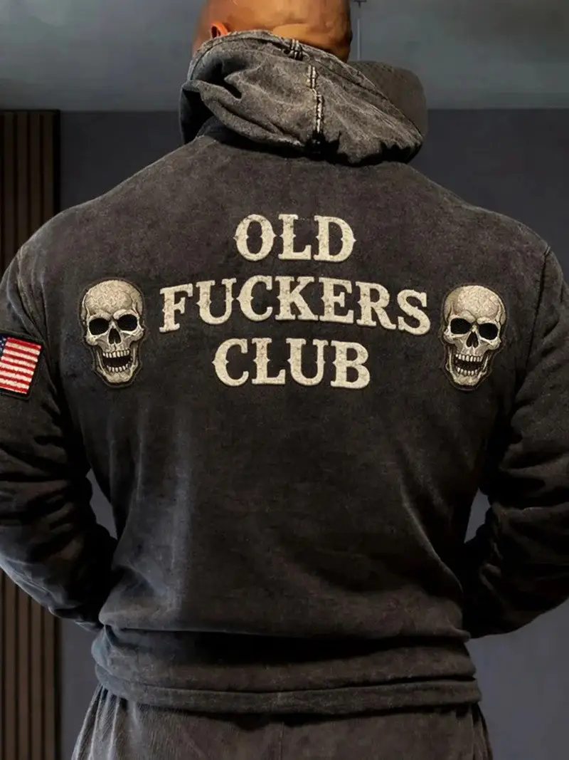 Old Fuckers Club Skull Hoodie Back Graphic USA Flag Patch Vintage Washed Style Best Gift For Him