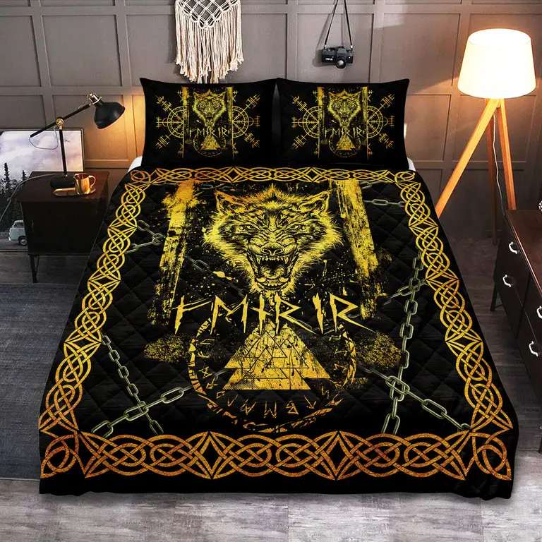 Old Norse Wolf Fenrir Valknut Viking Quilted Bedding Set Bedroom Decor Gift For Friends