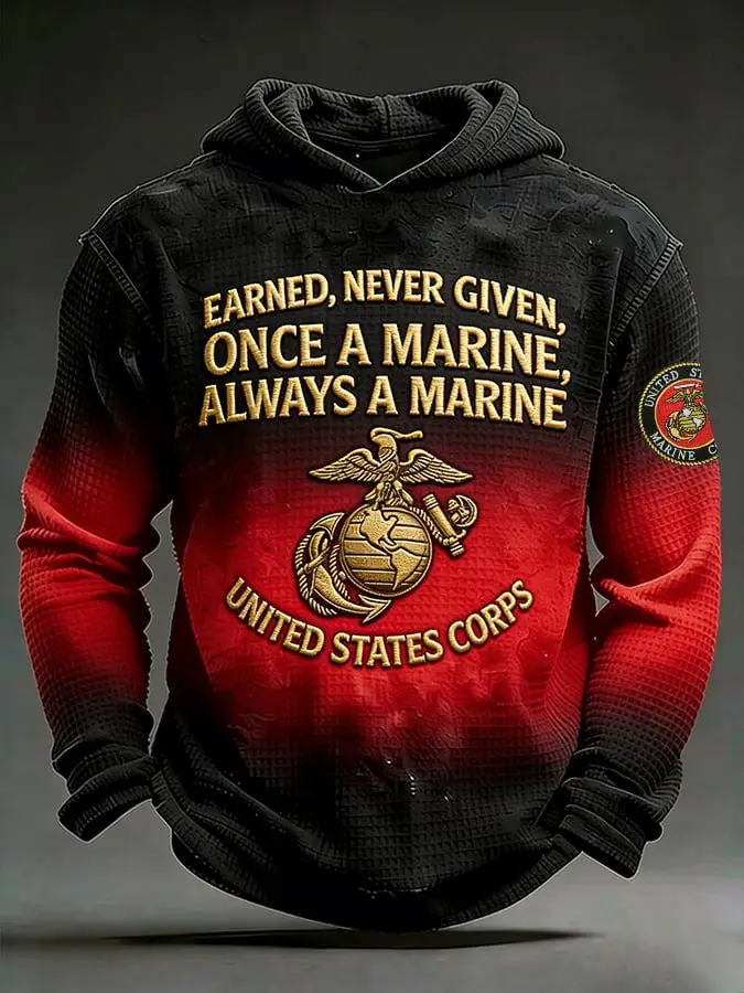 Once A Marine Always A Marine Waffle Hoodie USMC Veteran Military Pullover Gift For Dad