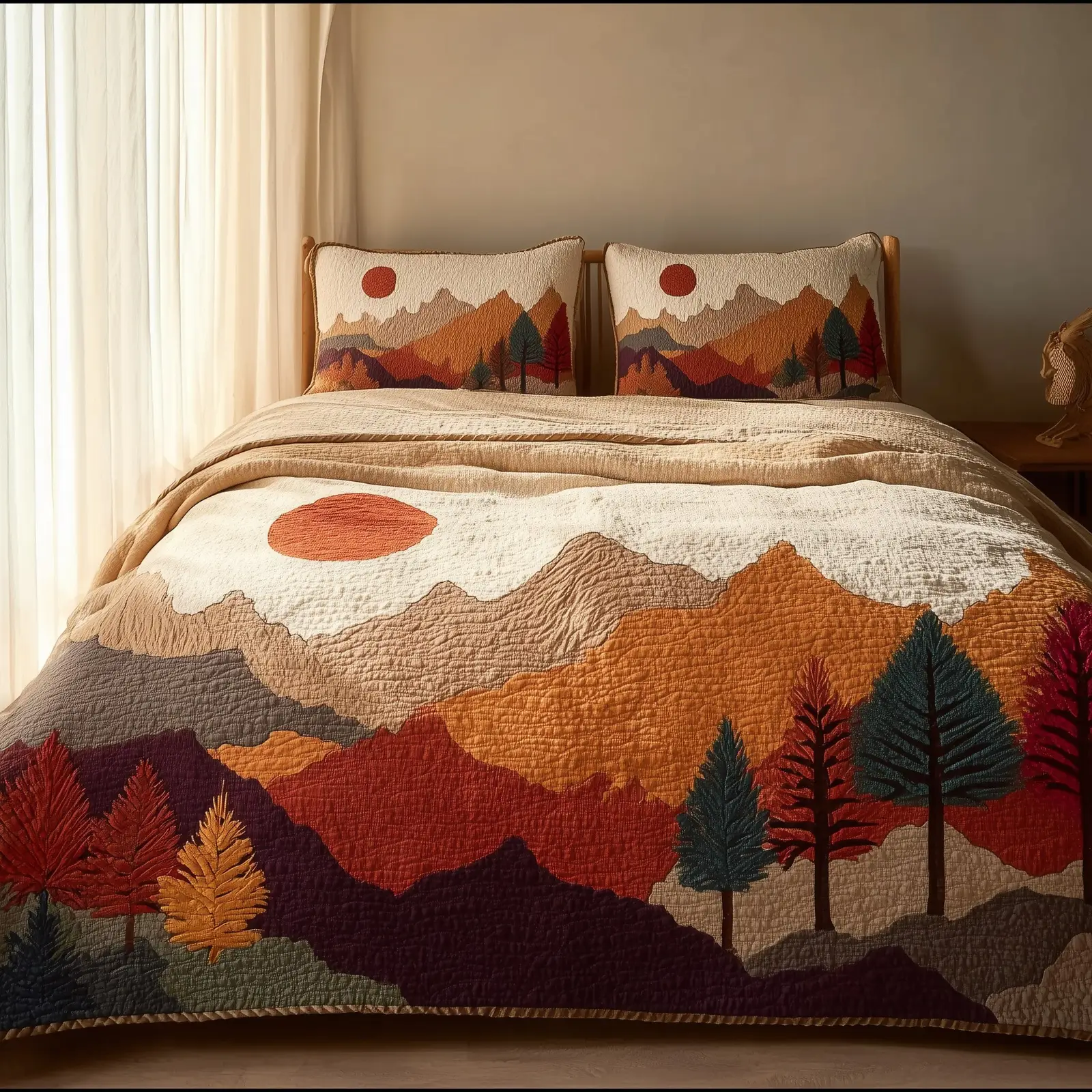 Orange Landscpe Quilted Bedding Set Linen Blend