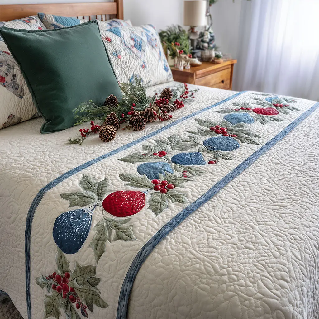 Ornament Glow Quilted Bed Runner Bright Ornament Charm Christmas Gift for Grandma