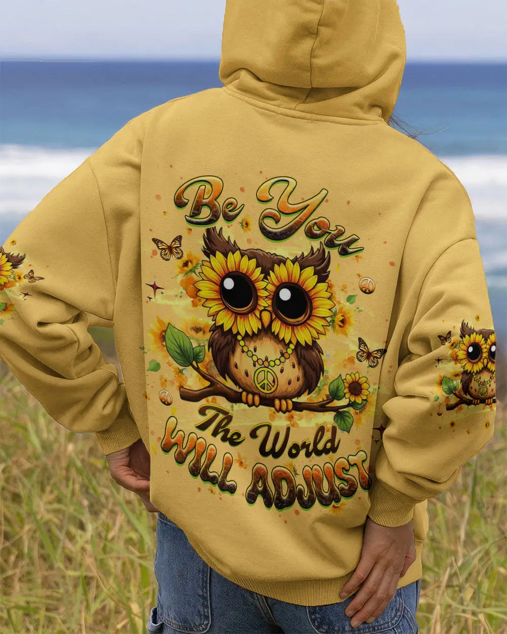 Owl Be You The World Will Adjust Hoodie Sunflower Owl With Peace Sign Merch Presents For Her