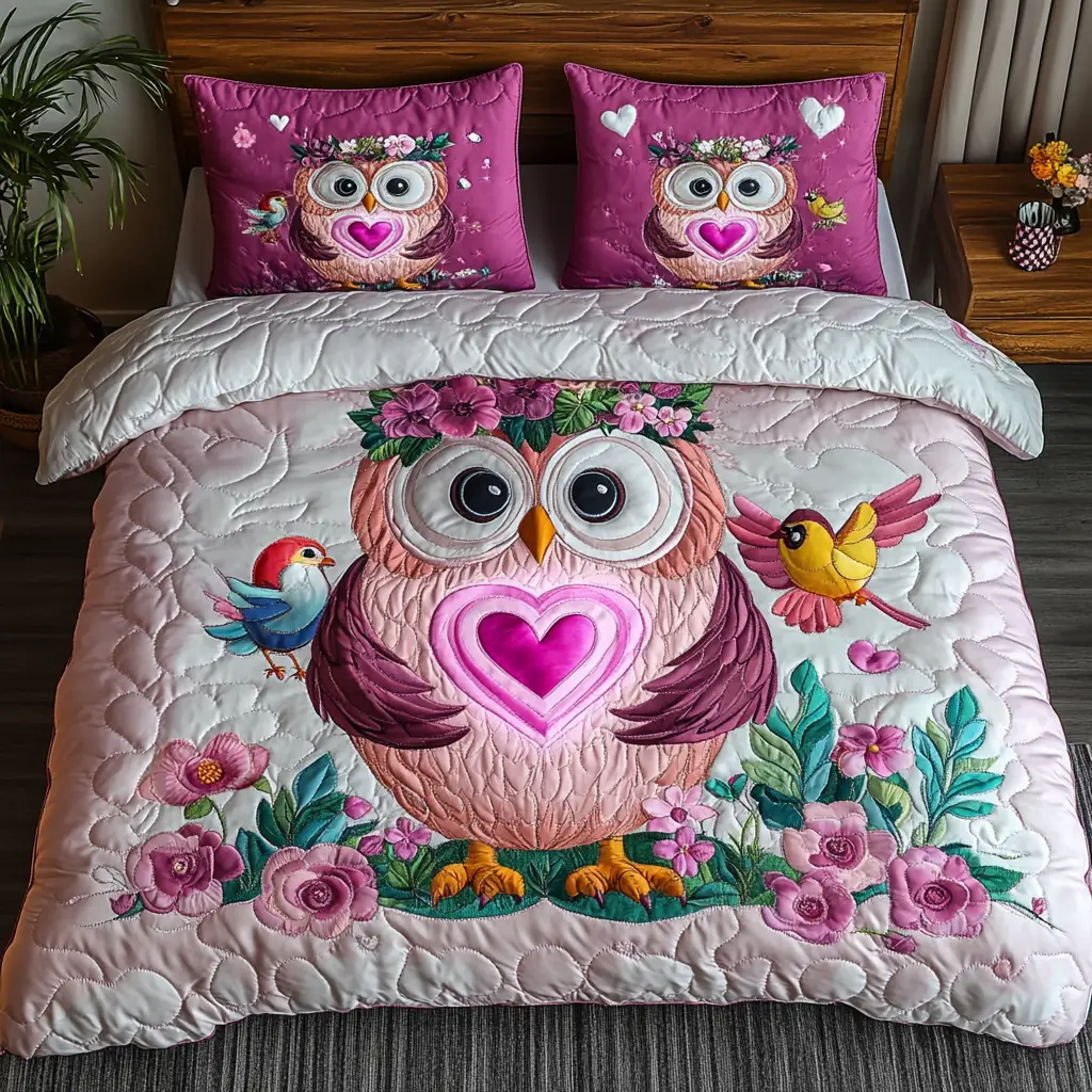 Owl Feathered Soulmates Quilted Bedding Set Cute Valentine Day Gifts For Her