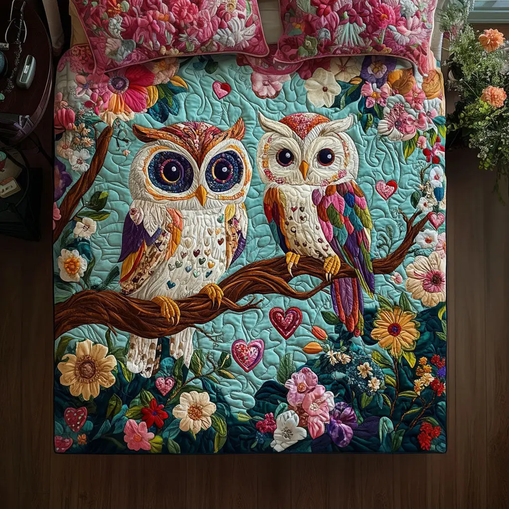 Owl Hooting Hearts Quilted Bedding Set Gift For A Sister In Law For Valentine Day