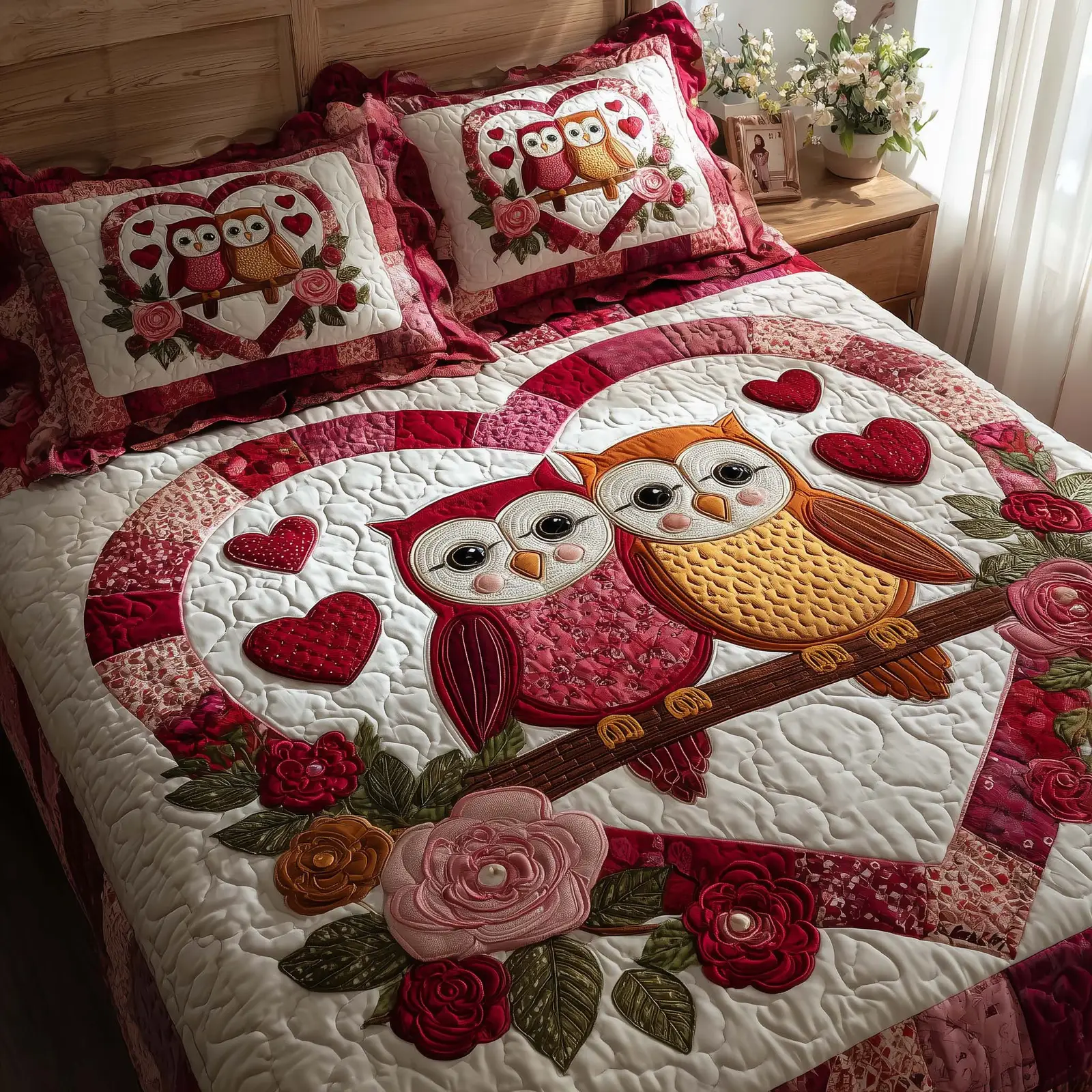 Owl Lovebound Hearts Quilted Bedding Set Duvet Cover Valentine Gifts For The Whole Family