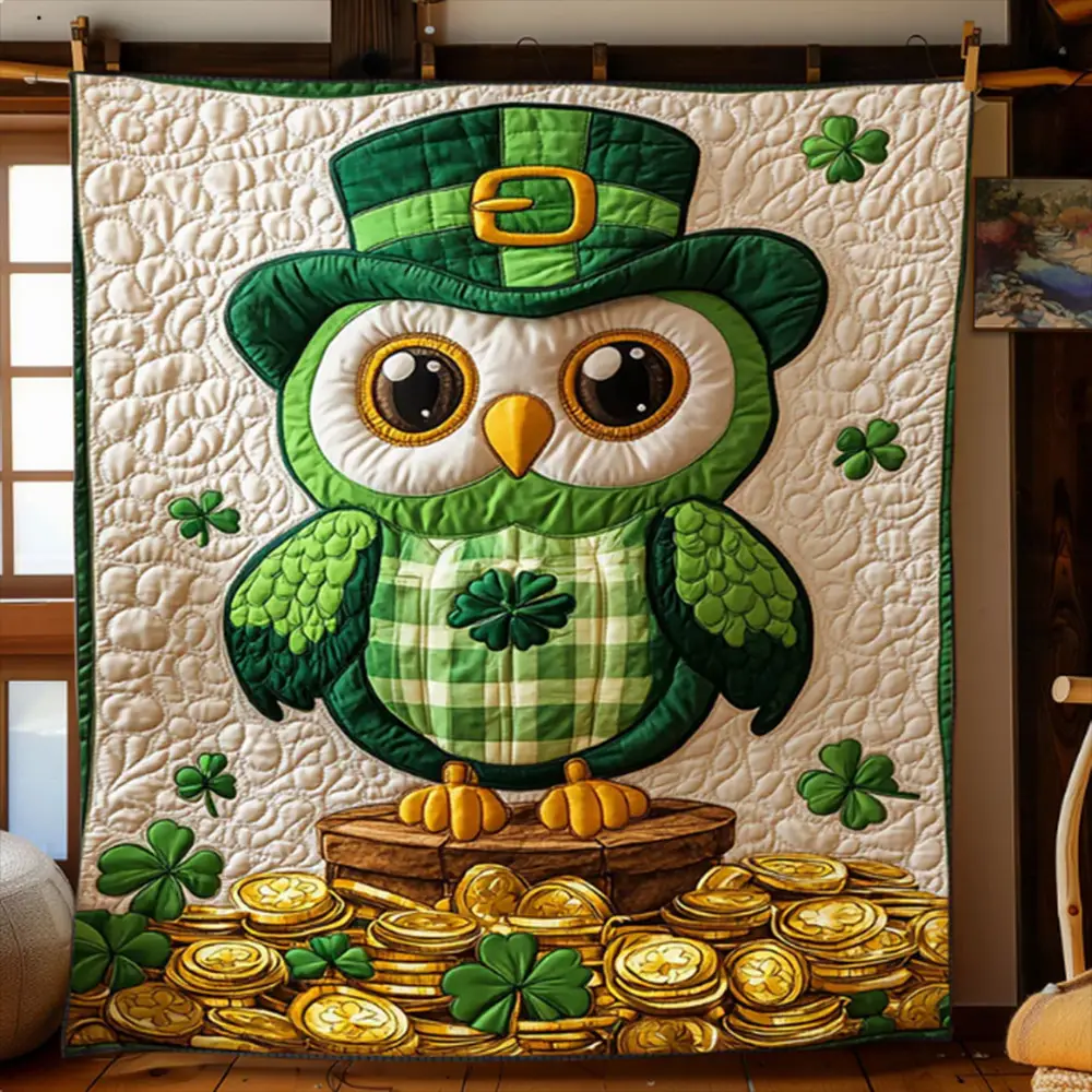 Owl Lucky With Money Patrick's Day Quilt Blanket Cute Gifts For Owl Lovers Owl Lucky With Money Patrick's Day Quilt Blanket Cute Gifts For Owl Lovers - Image 1